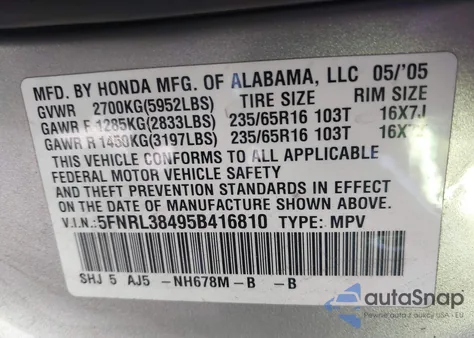 2005 Honda Odyssey Ex z USA, uszkodzony, nr VIN 5FNRL38495B416810